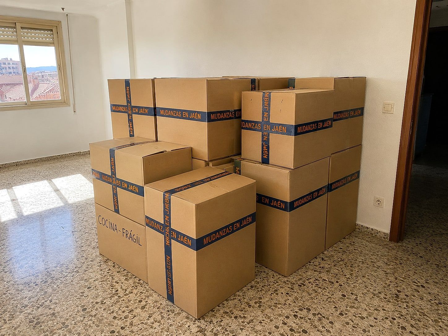 Cajas de cartón apiladas con precinto rotulado Mudanzas en Jaén