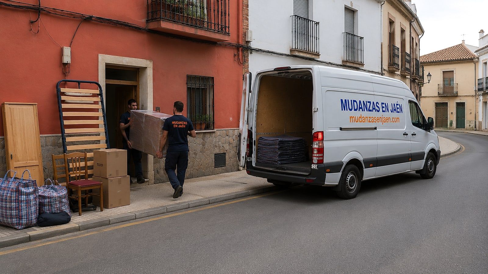 Dos operarios de Mudanzas en Jaén cargando cajas en el furgón con el portón abierto, en una calle de Jaén