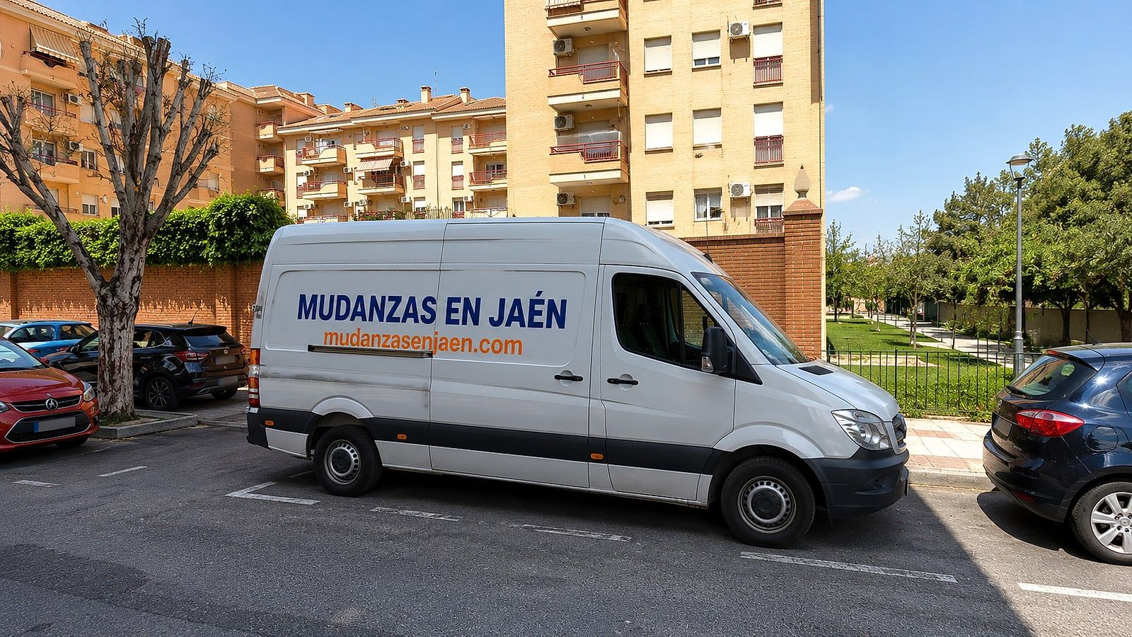 Furgón de Mudanzas en Jaén aparcado en la calle Europa, junto a la Avenida de Andalucía, en Jaén