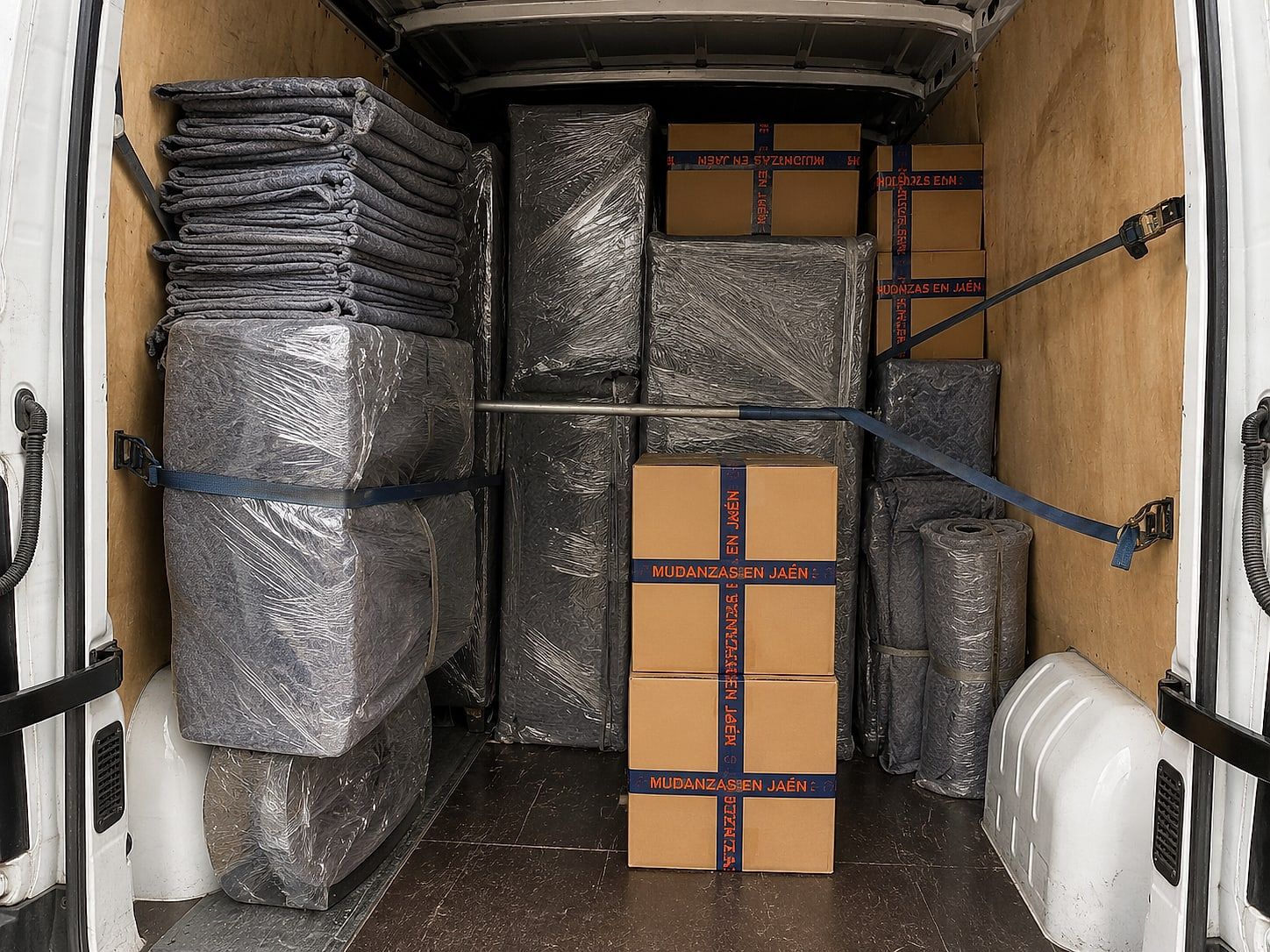 Interior del furgón de Mudanzas en Jaén con mantas acolchadas, cajas y correas de sujeción