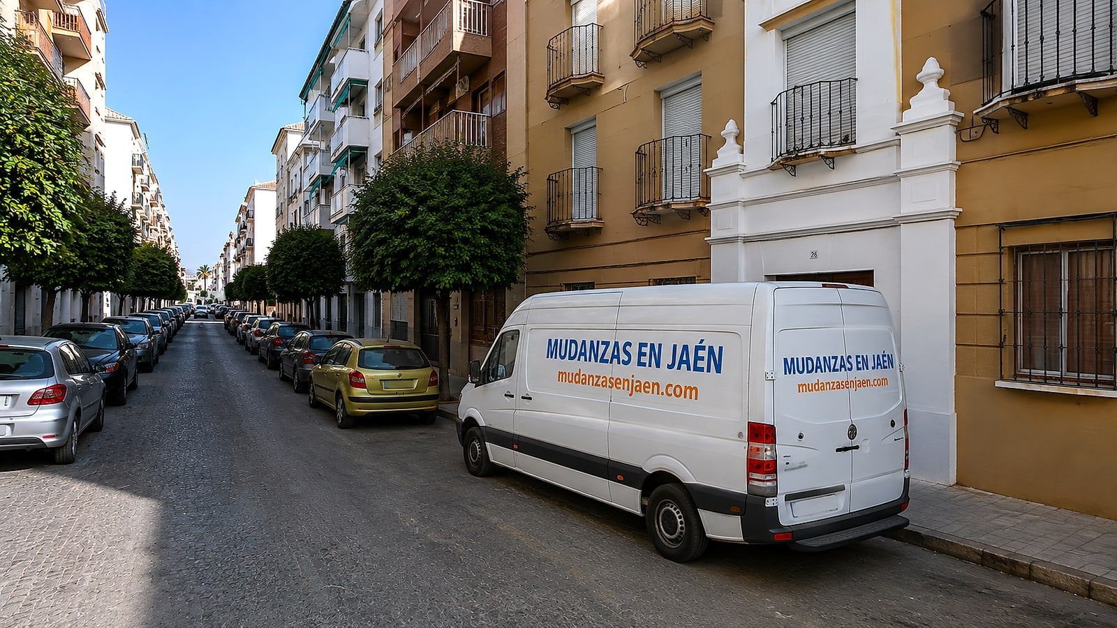Furgón de Mudanzas en Jaén aparcado en la Corredera de San Bartolomé, en el centro de Andújar