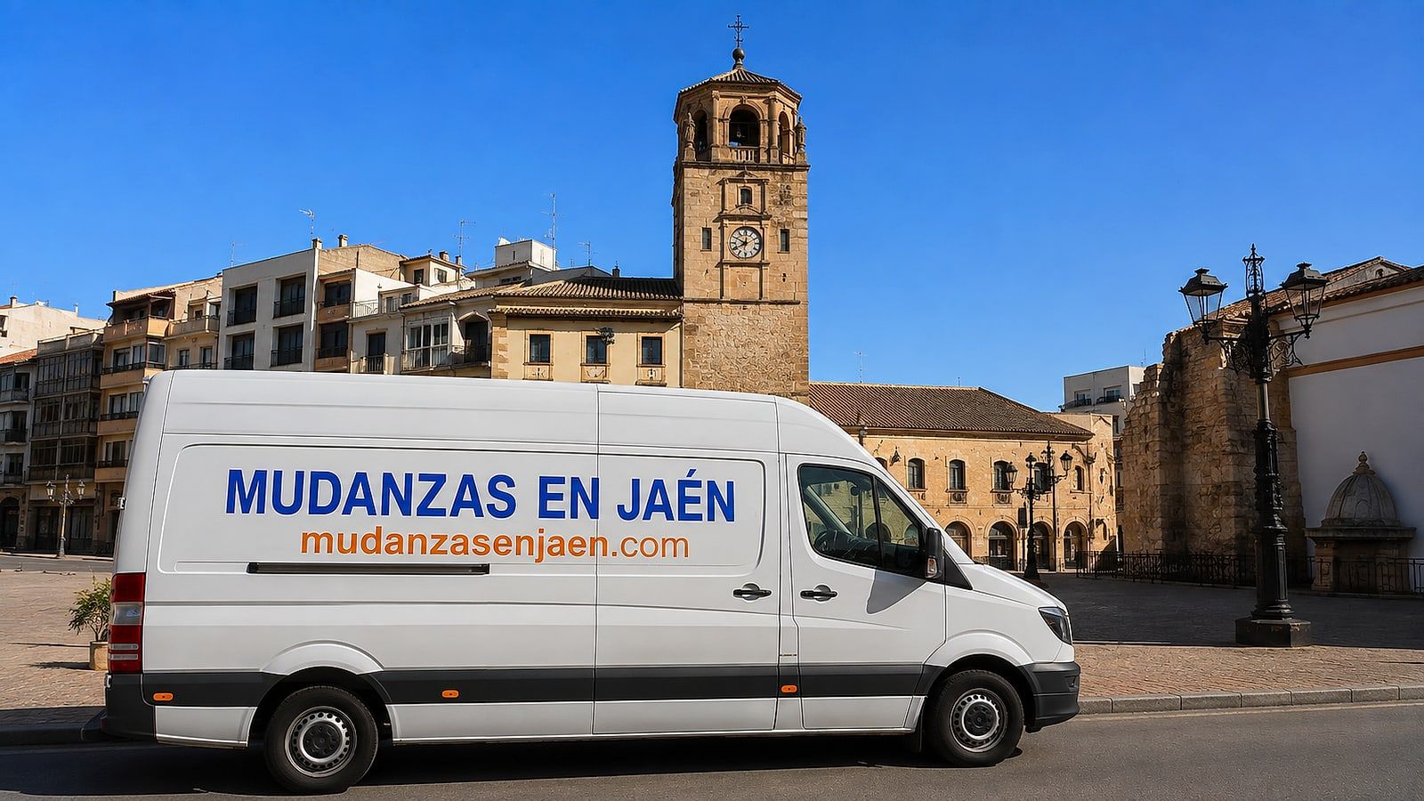 Furgón de Mudanzas en Jaén aparcado en la plaza de Andalucía de Úbeda, con la Torre del Reloj al fondo