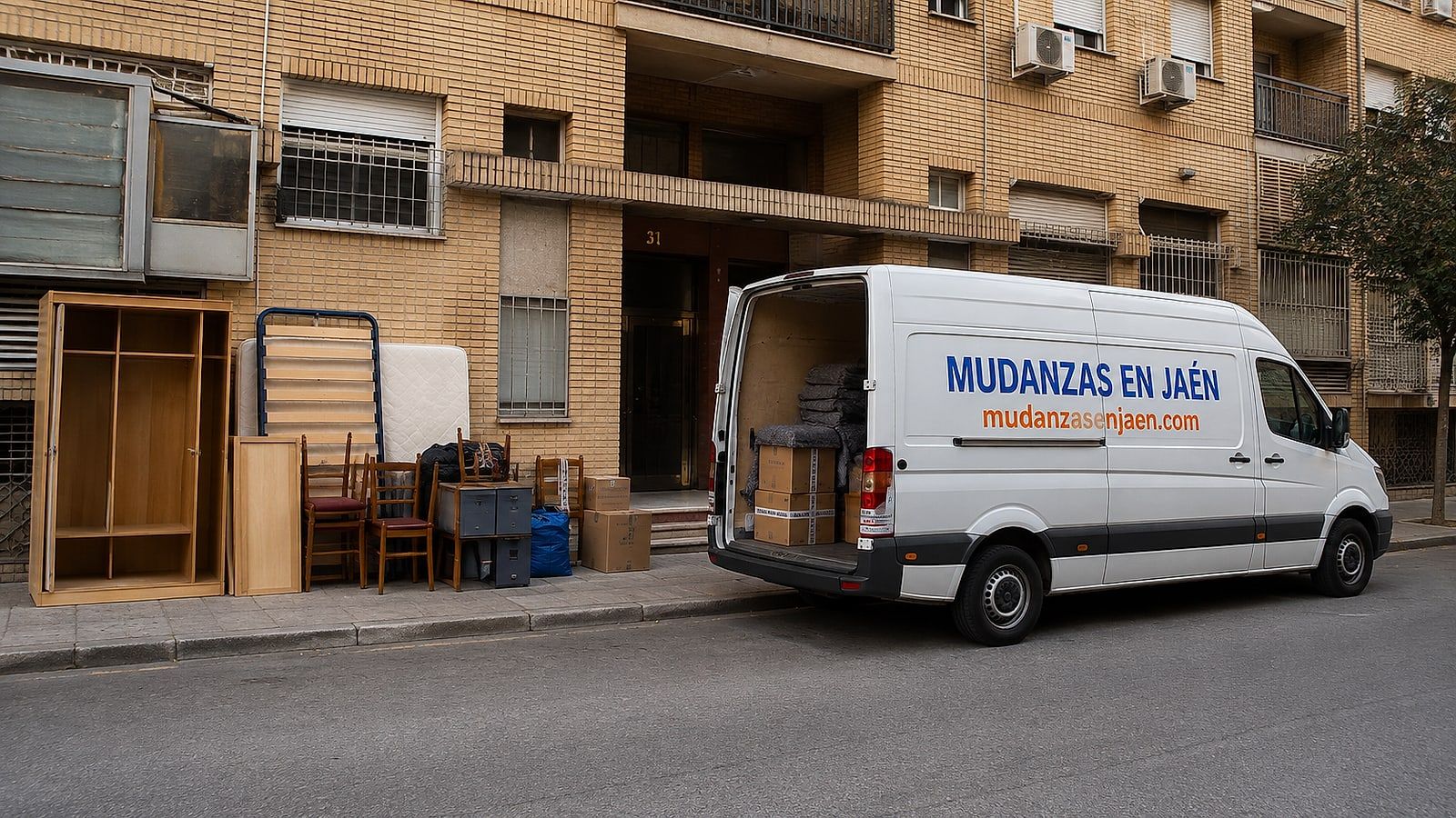 Furgón de Mudanzas en Jaén junto al portal de un bloque de pisos con muebles apilados en la acera durante un vaciado